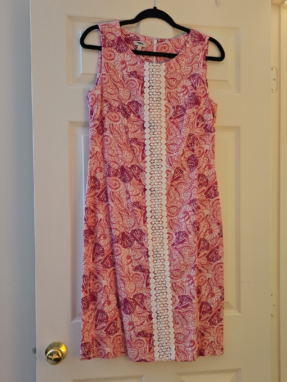 Talbots Pink Paisley/Shell Midi Dress with White Crochet Trim Size 8